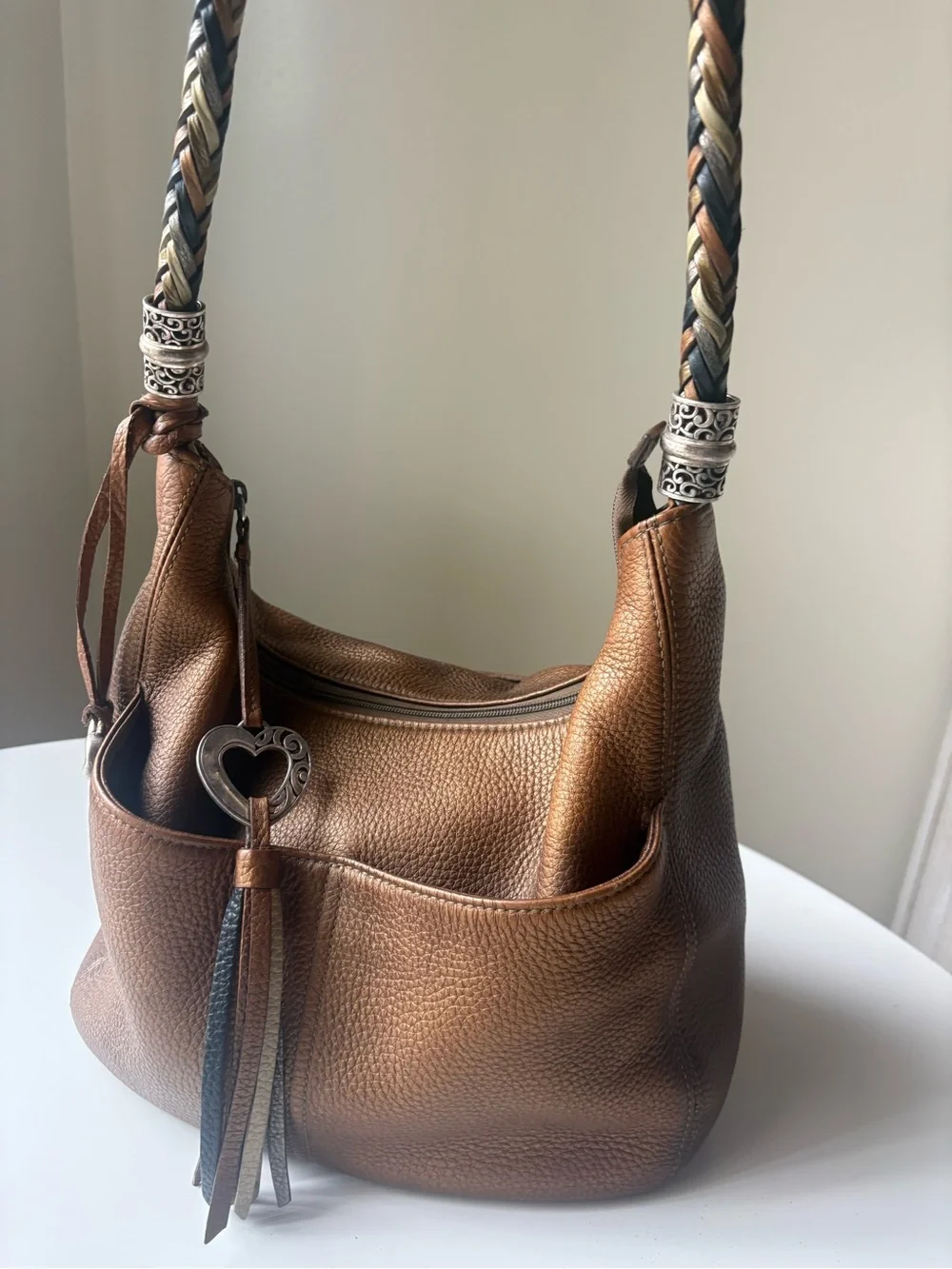Brighton Gold Pebble Leather Hobo Bag with Heart Tassel Boho Shoulder Beach